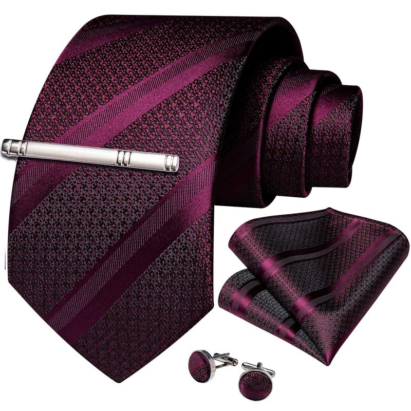 DiBanGu Mens Striped Tie Silk Woven Necktie and Pocket Square Cufflinks Tie Clip Set Wedding Business Formal, Burgundy - Image 3